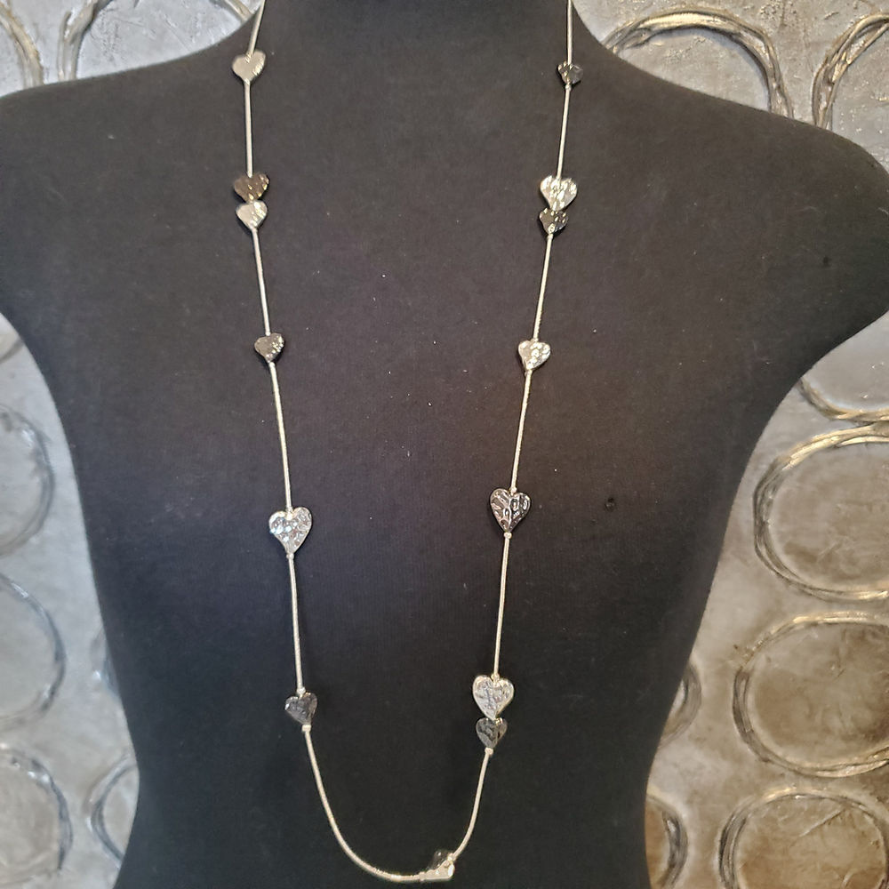 Love Ashley Long Silver Chain Necklace with Silver and Hematite Heart Accents