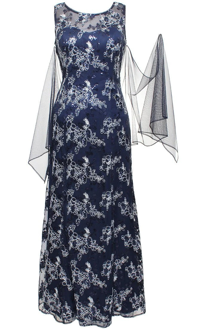 Alex Evenings Navy Sliver Embroidered Tulle Sleeveless Gown with Sweetheart Illusion Neckline & Matching Shawl