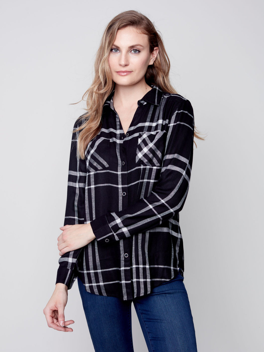 Charlie B Soft Plaid Button Down Shirt with Front Pockets in Port or Black
