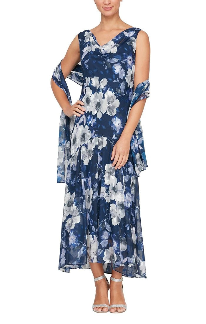 Alex Evenings Navy Multi Tea Length Sleeveless Printed Cowl Neck Dress with Flounce Hem Shawl