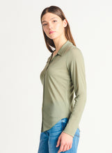 Load image into Gallery viewer, Dex Sage Mesh Button Front Long Sleeve Top with Round Hemline
