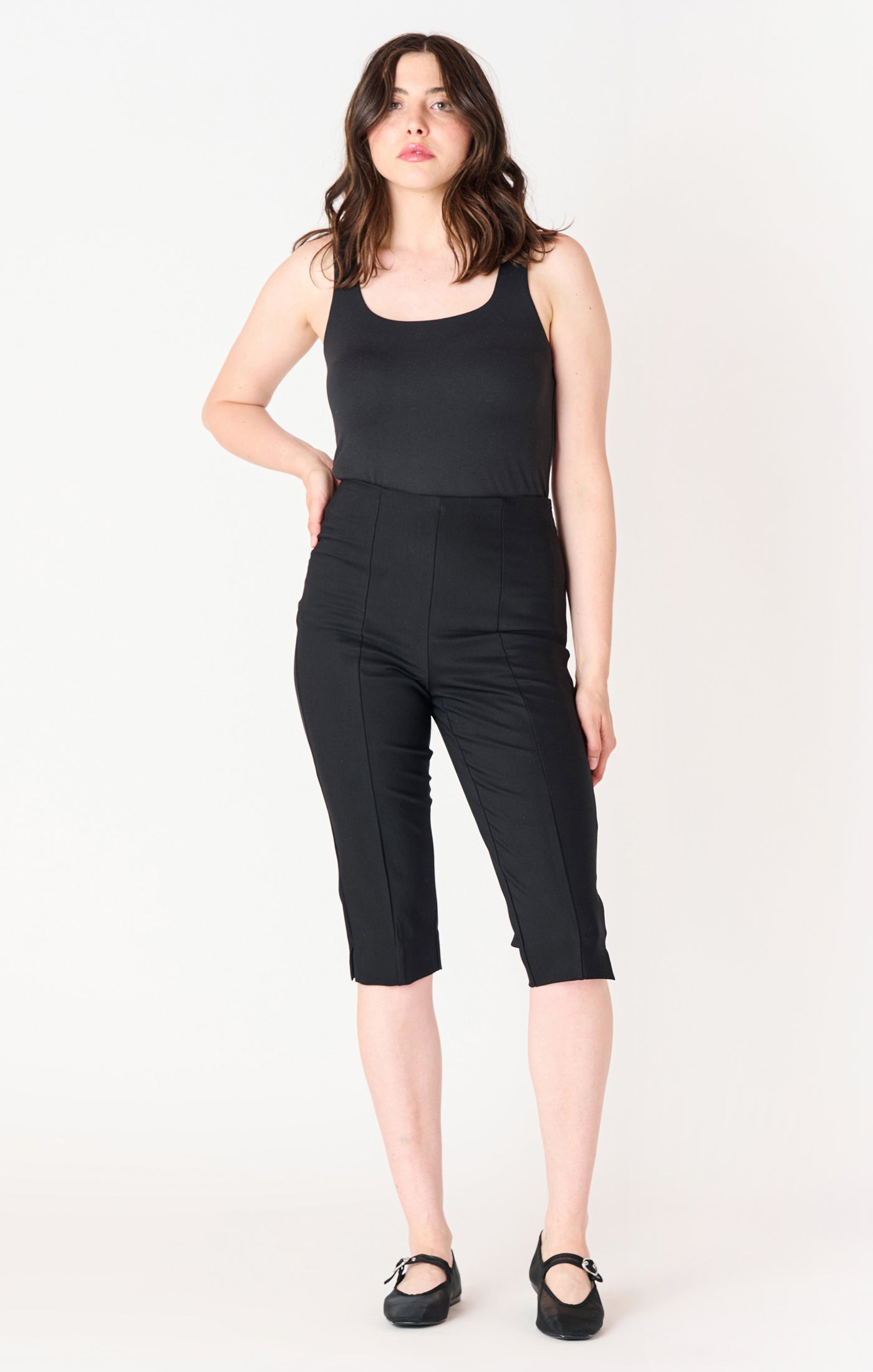 Black Tape Black Side Zip Capri Pants With Piping Detail