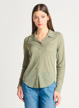 Load image into Gallery viewer, Dex Sage Mesh Button Front Long Sleeve Top with Round Hemline
