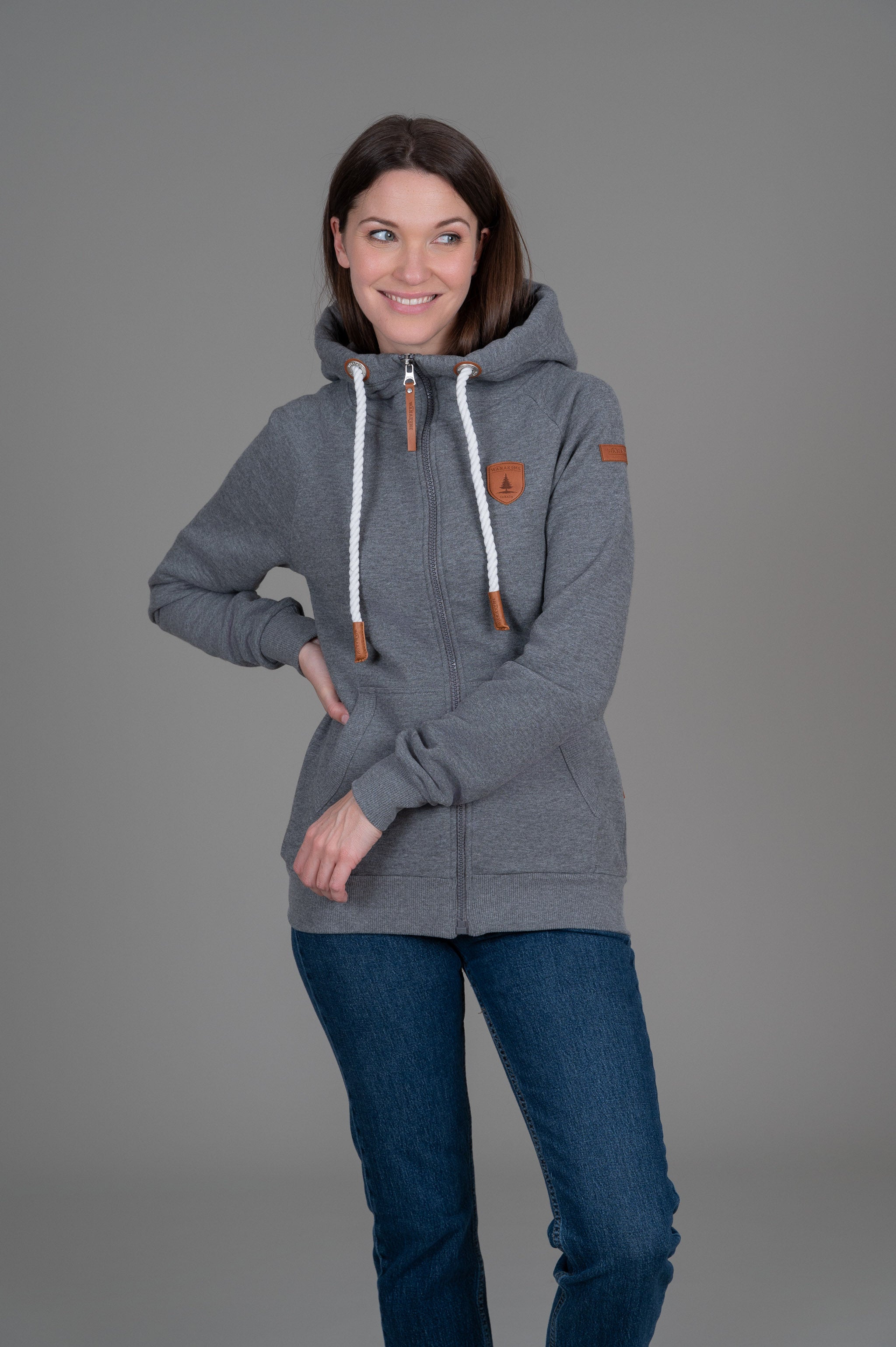 Wanakome Hera Front Zip Hoodie in Dark Heather Grey or Black