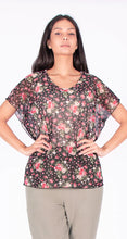 Load image into Gallery viewer, Isca Black Multi V-Neck Cap Sleeve Floral Print Blouse
