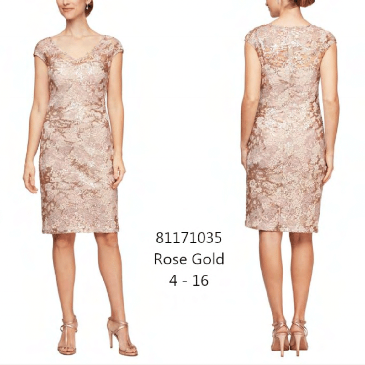 Alex Evenings Rose Gold V Neck Cap Sleeve Short Lace Lined Dress