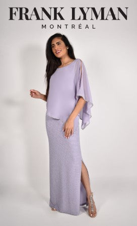 Frank Lyman Knit Gown with Sheer Overlay Trimmed with Rhinestones
