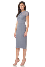 Load image into Gallery viewer, JS Collections Slate Blue Short Sleeve Illusion Cocktail Dress