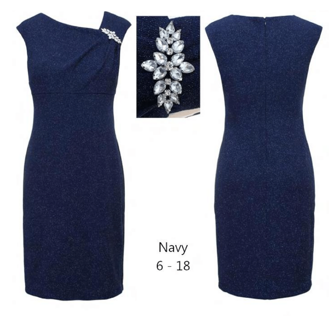 SLNY Short Navy Sleeveless Dress with Sparkles & Embellishment