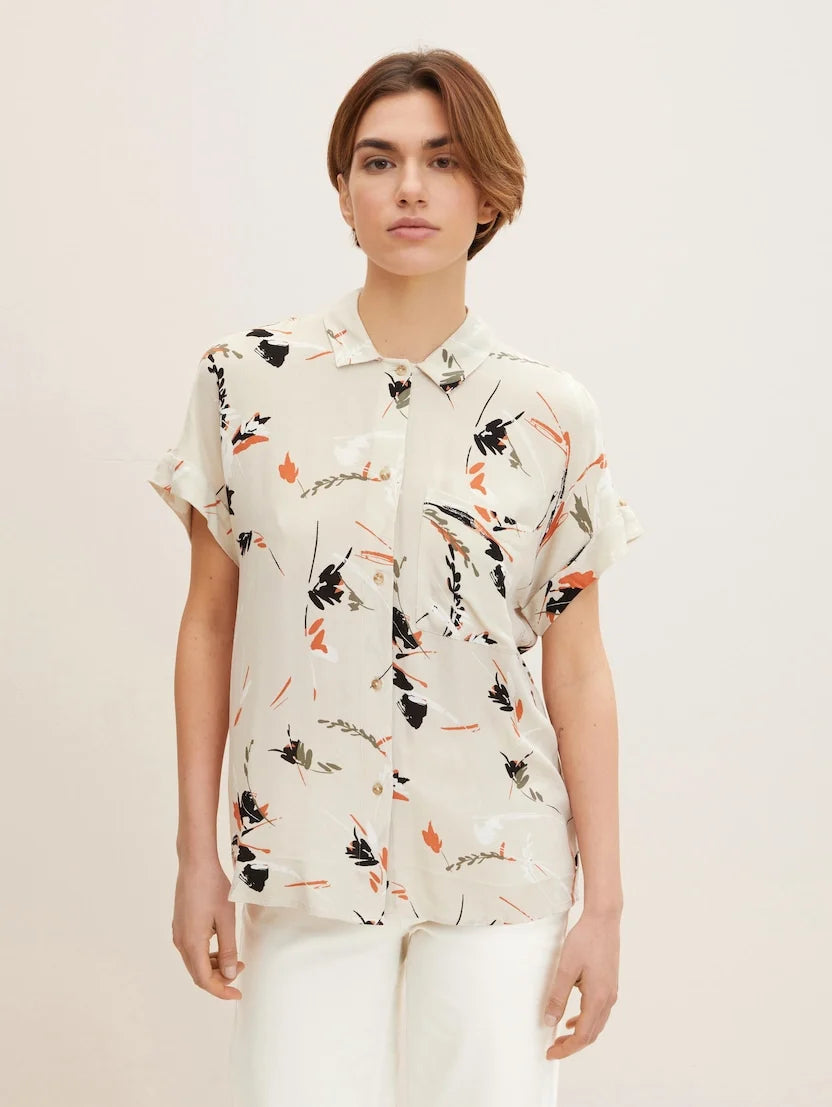Tom Tailor Short Sleeve Cream Print Easy Fit Blouse with Collar