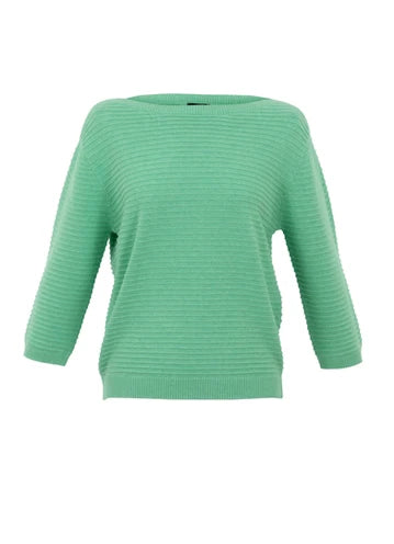 Marble Light Green Boat Neck Ribbed 3/4 Sleeve Sweater