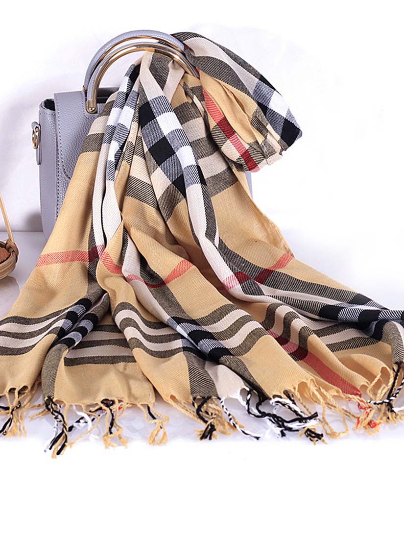 Passion Soft Gold Multi Plaid Scarf with Fringe