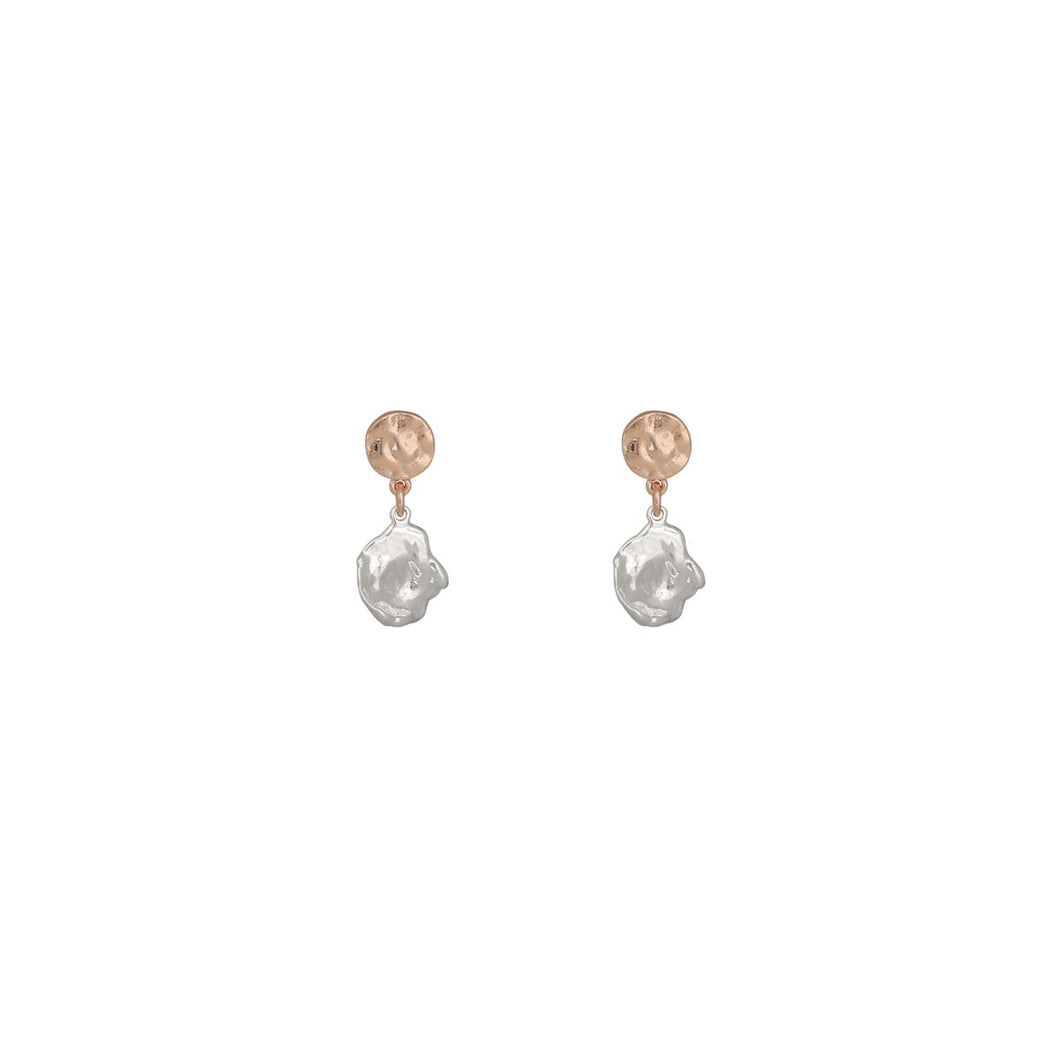 Merx Fashion Rose Gold and Silver Hammered Drop Earrings