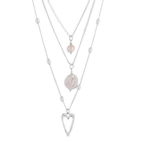 Merx Fashion Silver Triple Layer Chain Necklace with Pearl and Heart Pendants