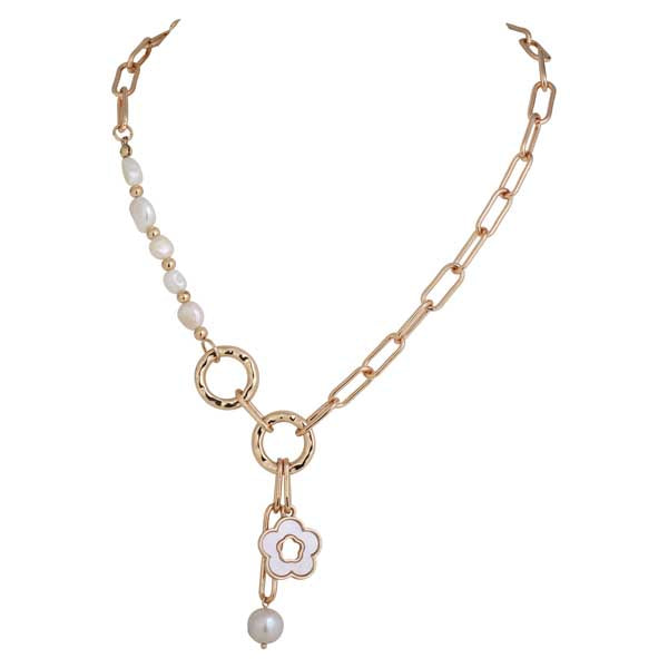 Merx Fashion Gold Chain Mother of Pearl Necklace with Flower Pendant