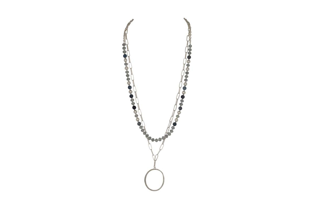 Merx Studio Shiny Silver & Blue Double Chain Necklace with Hoop Pendant