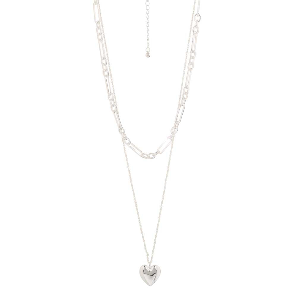 Merx Fashion Double Chain Necklace with a Silver Heart Pendant