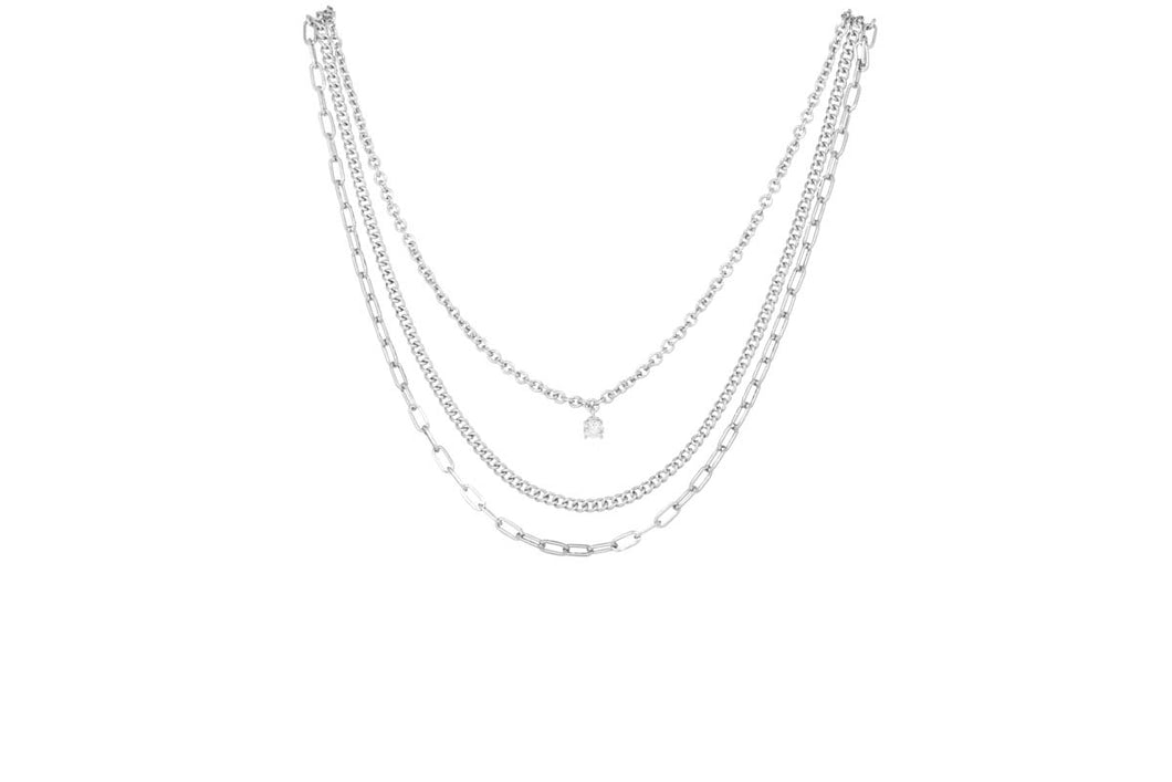 Merx Fashion Triple Silver Chain Necklace with Small Crystal