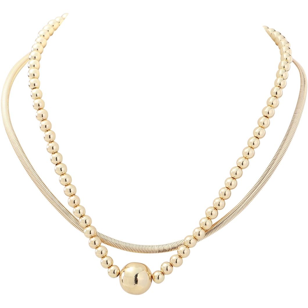 Merx Double Strand Necklace with Ball Pendant in Shiny Gold or Shiny Silver