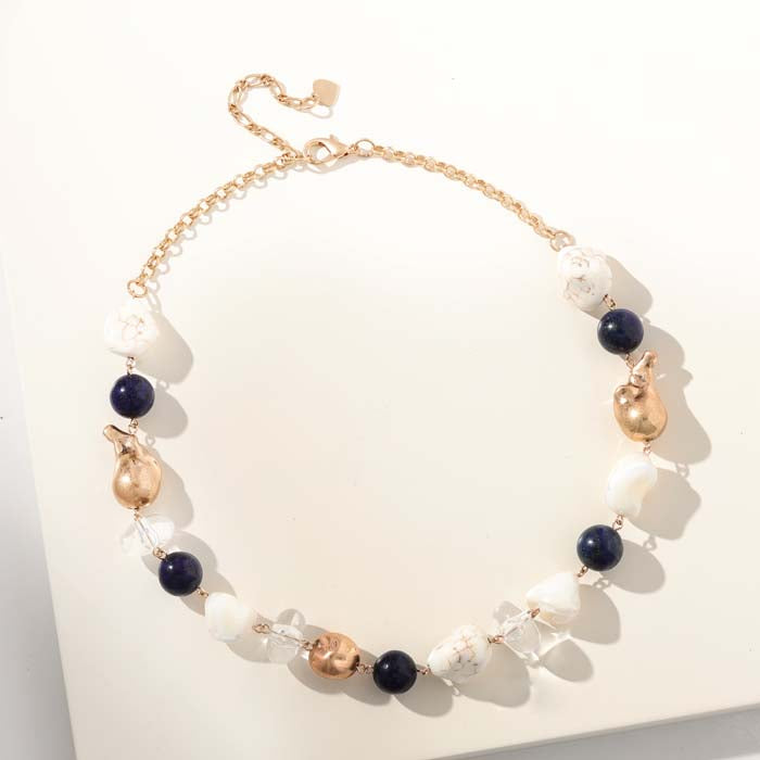 Merx Fashion Gold Chain Necklace with Lapis Lazuli, Clear, Gold & White Beads