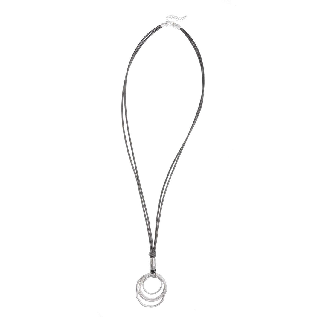 Merx Fashion Long Dark Grey Cord Necklace with Matt Silver Multi-Circle Pendant