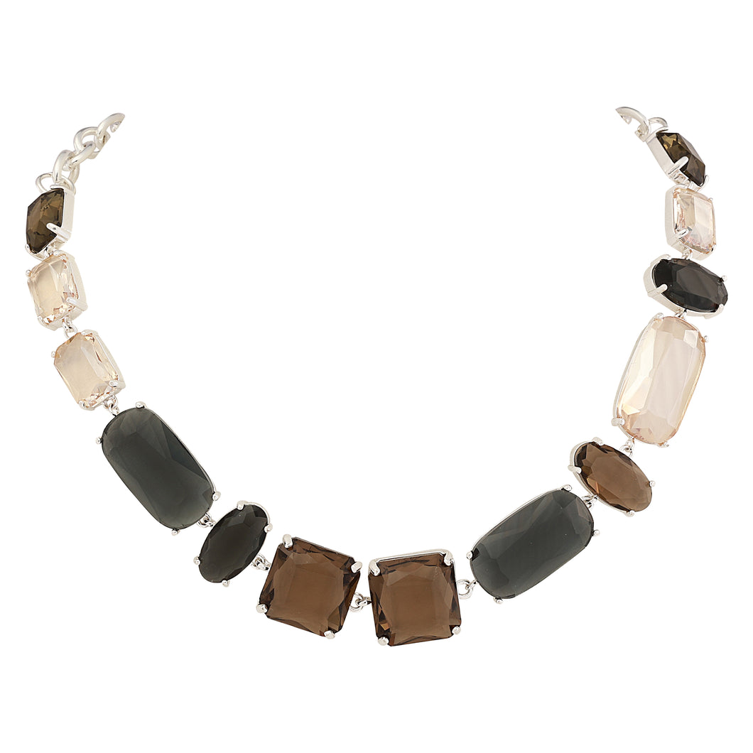 Merx Fashion Shiny Silver Smoked Topaz Multi Jeweled Necklace