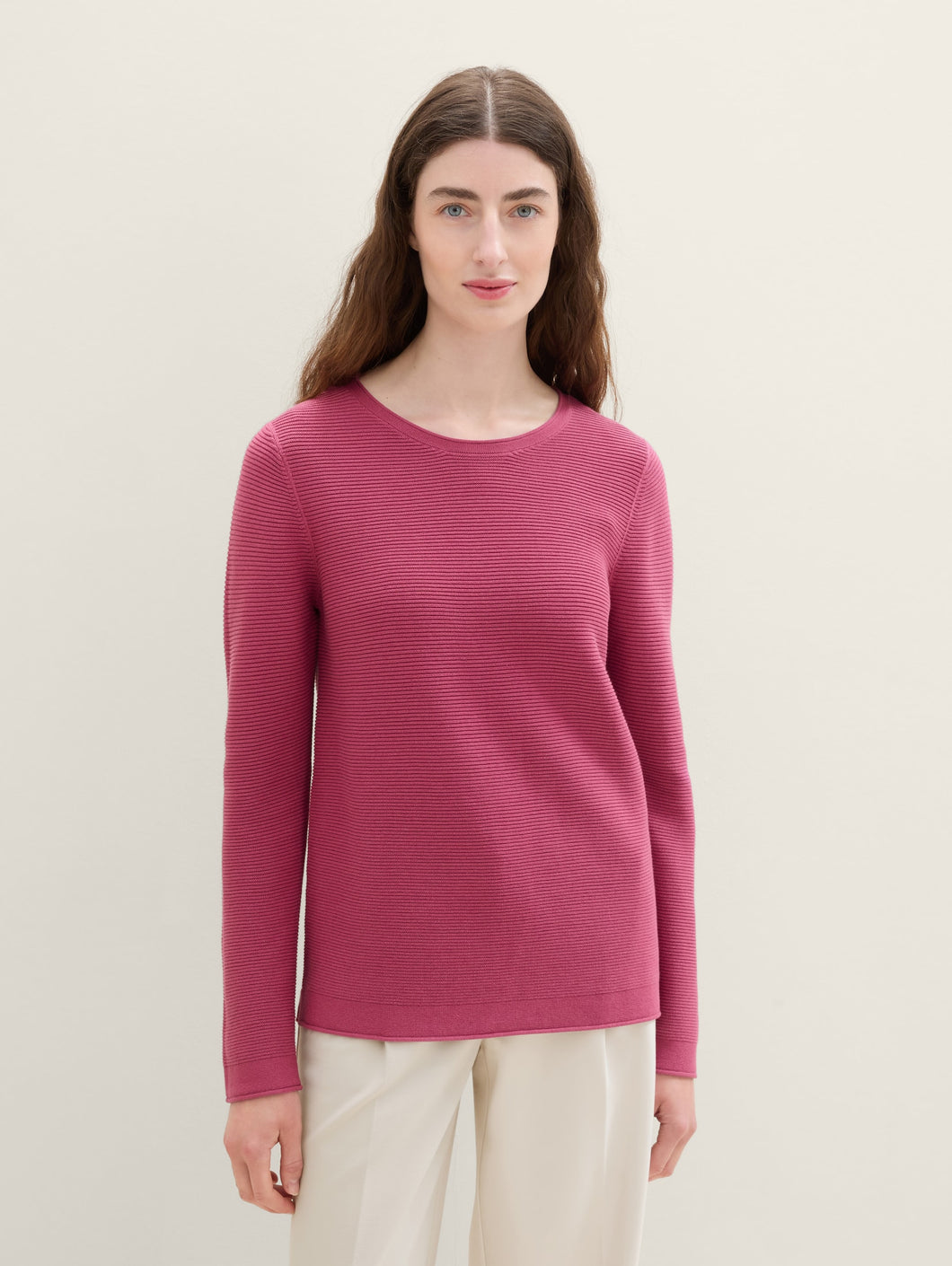 Tom Tailor Round Neck Ribbed New Ottoman Sweater in Preppy Jean Blue or Pink Velvet - 100% Cotton