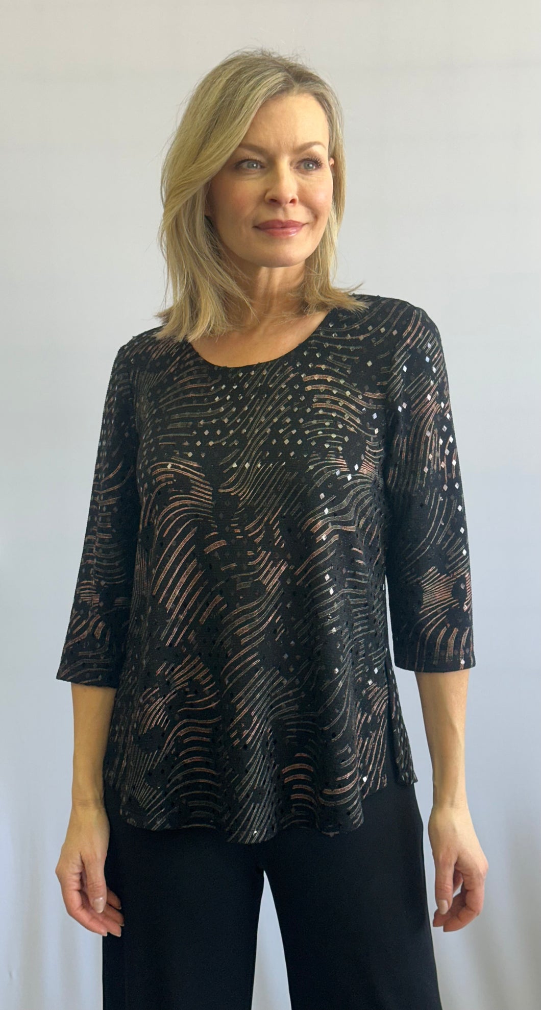 Soft Works Gold 3/4 Sleeve Round Neck Top with Side Slits