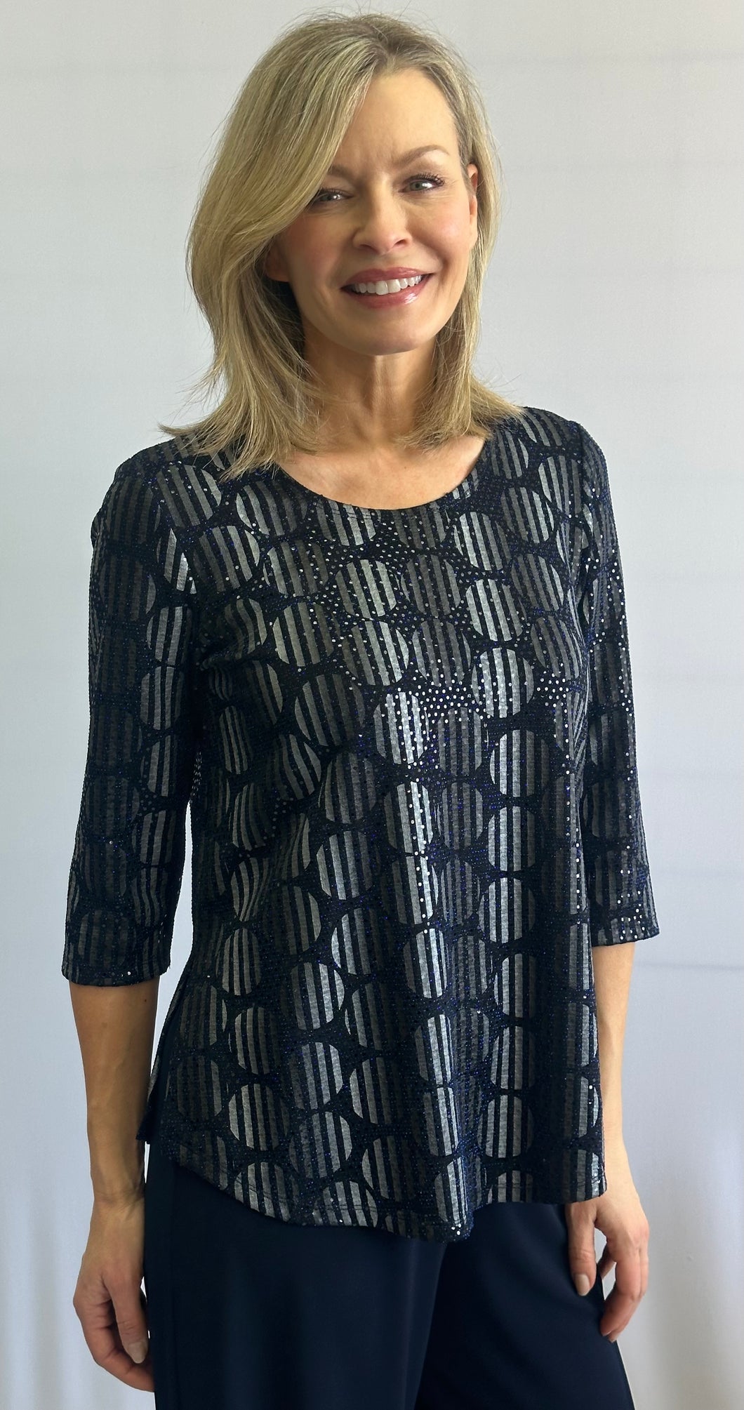 Soft Works Silver 3/4 Sleeve Round Neck Top with Side Slits
