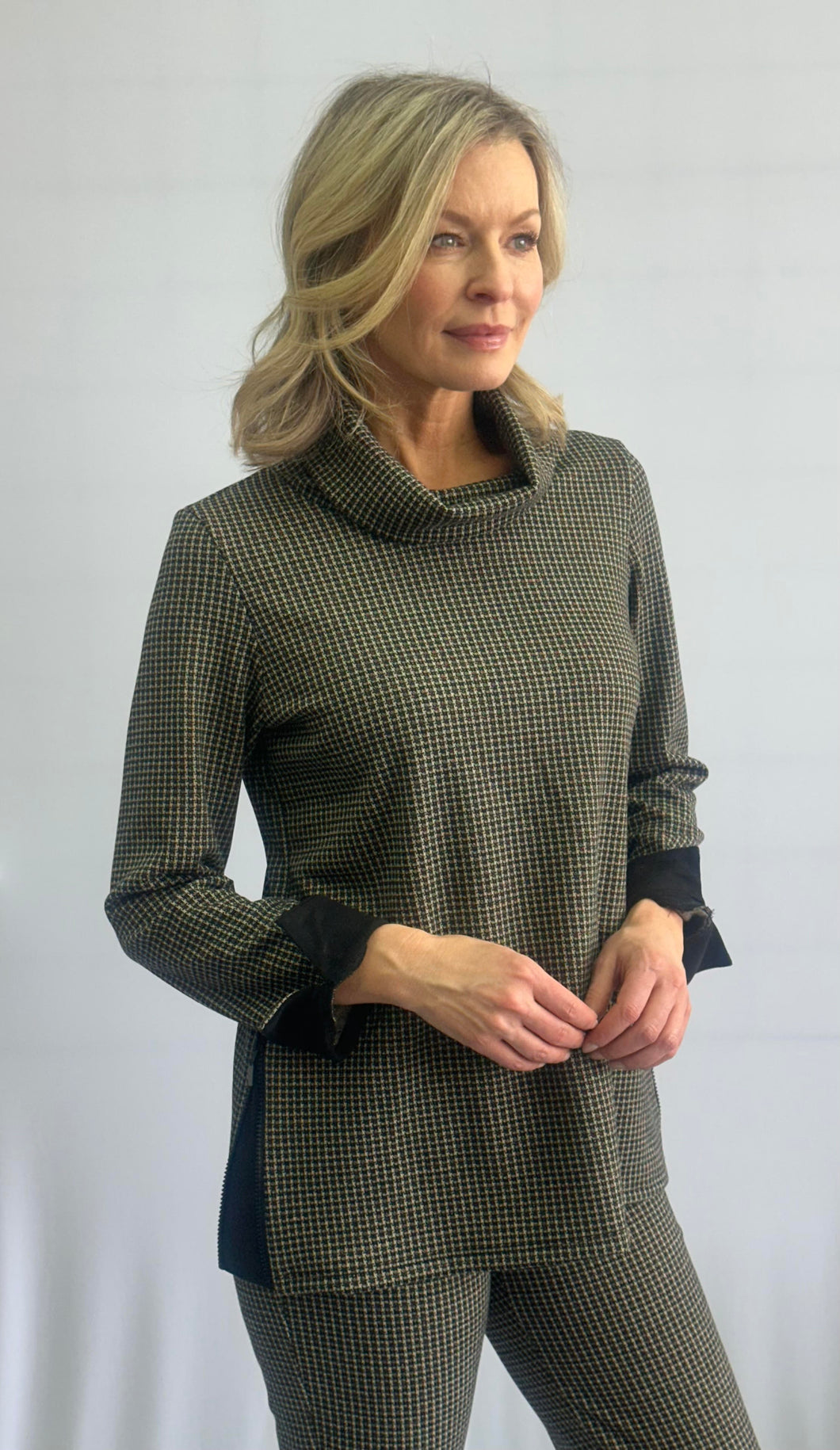 Soft Works Houndstooth Cowl Neck Top with Side Zipper