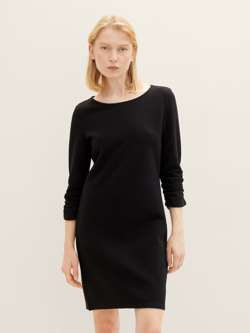 Tom Tailor Black Jacquard Mini Dress with Ruched Sleeve Detail