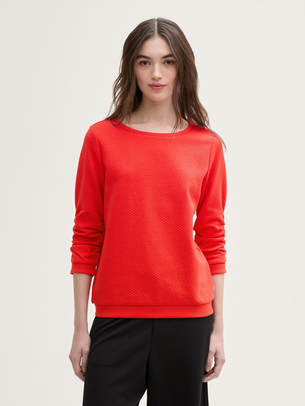 Tom Tailor Structured Jacquard Top with Ruched 3/4 Sleeves in Scarlet Red, Off White or Light Dusty Pink