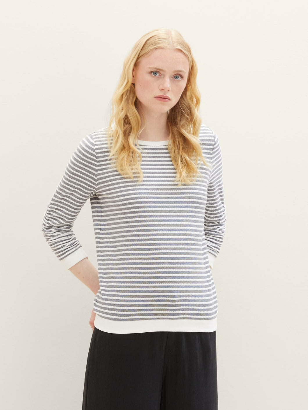 Tom Tailor Blue & White Striped Jacquard 3/4 Sleeve Cotton Blend Sweatshirt