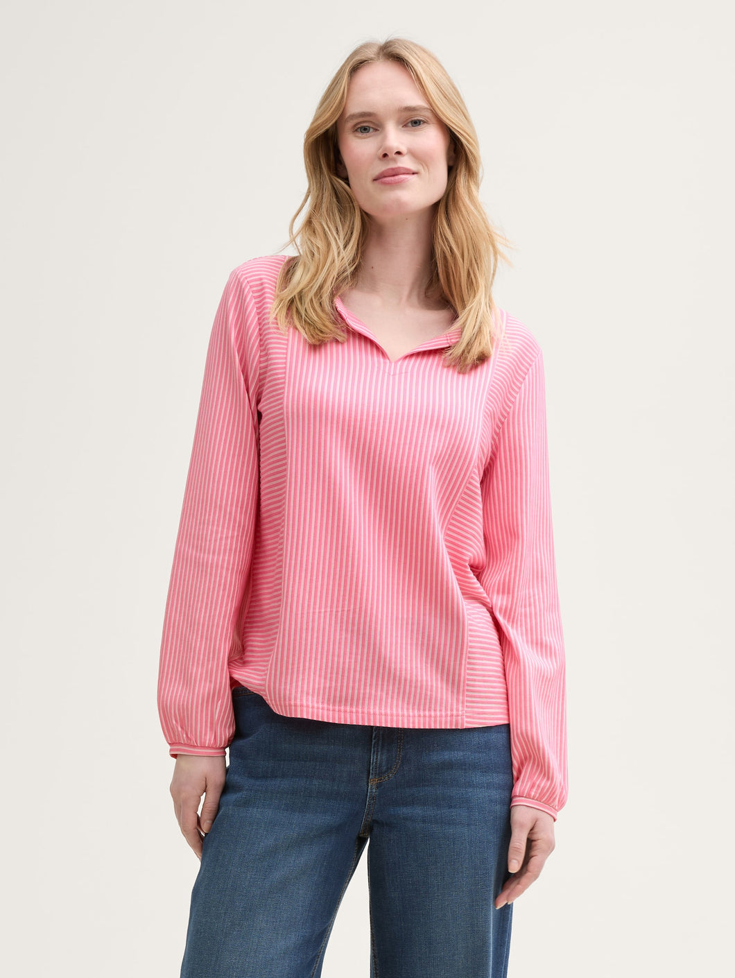 Tom Tailor Bright Rose T-Shirt Blouse with White Vertical Thin Stripes