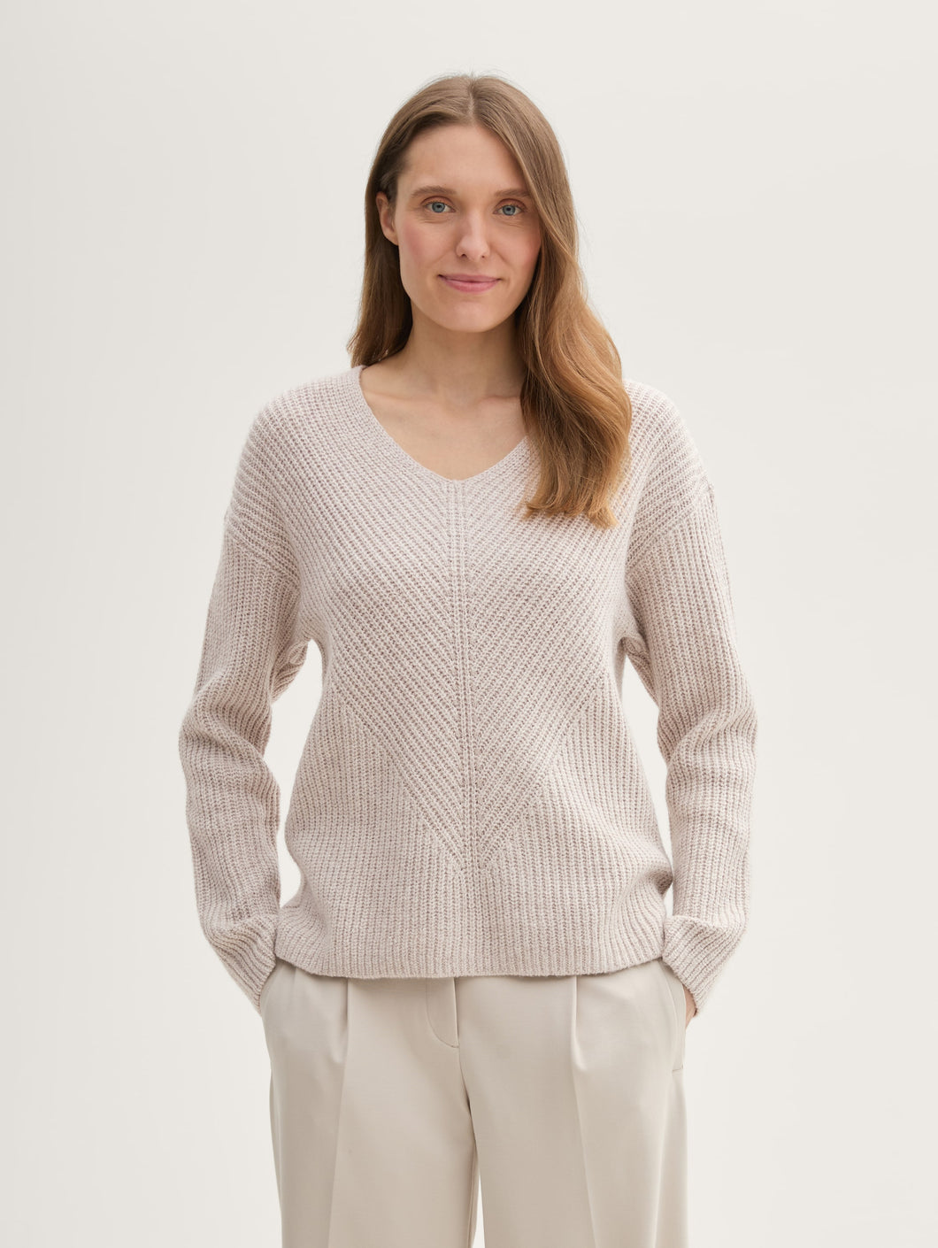 Tom Tailor Dusty Beige Melange Knitted Pullover with a V-Neckline