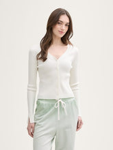 Load image into Gallery viewer, Tom Tailor Off White Knit Rib V-Neck Button Front Cardigan with Sleeve Slits
