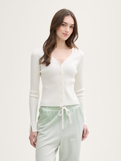 Tom Tailor Off White Knit Rib V-Neck Button Front Cardigan with Sleeve Slits