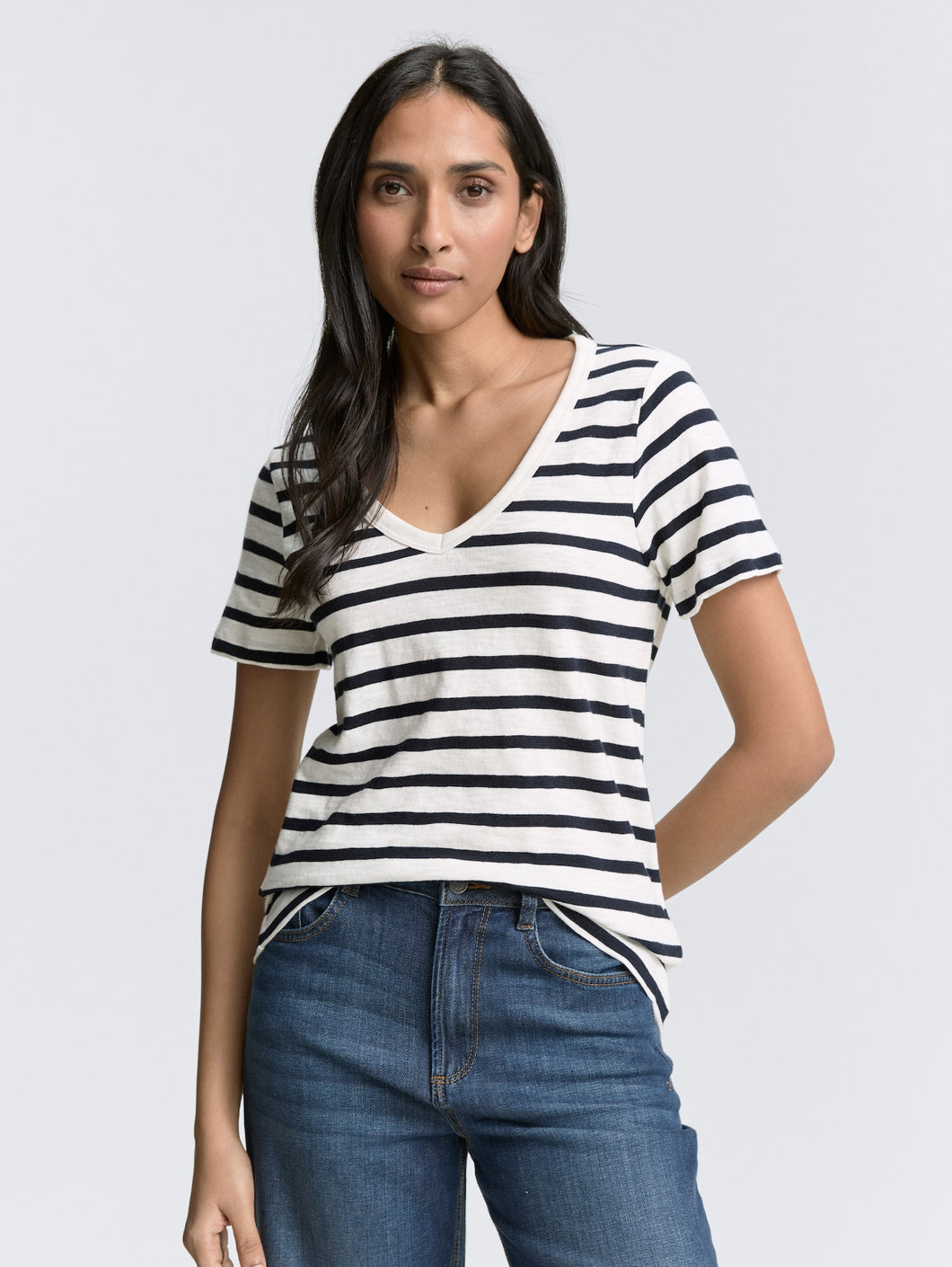 Tom Tailor V-Neck Striped Short Sleeve Cotton Tee in Off White/Navy or Off White/Green