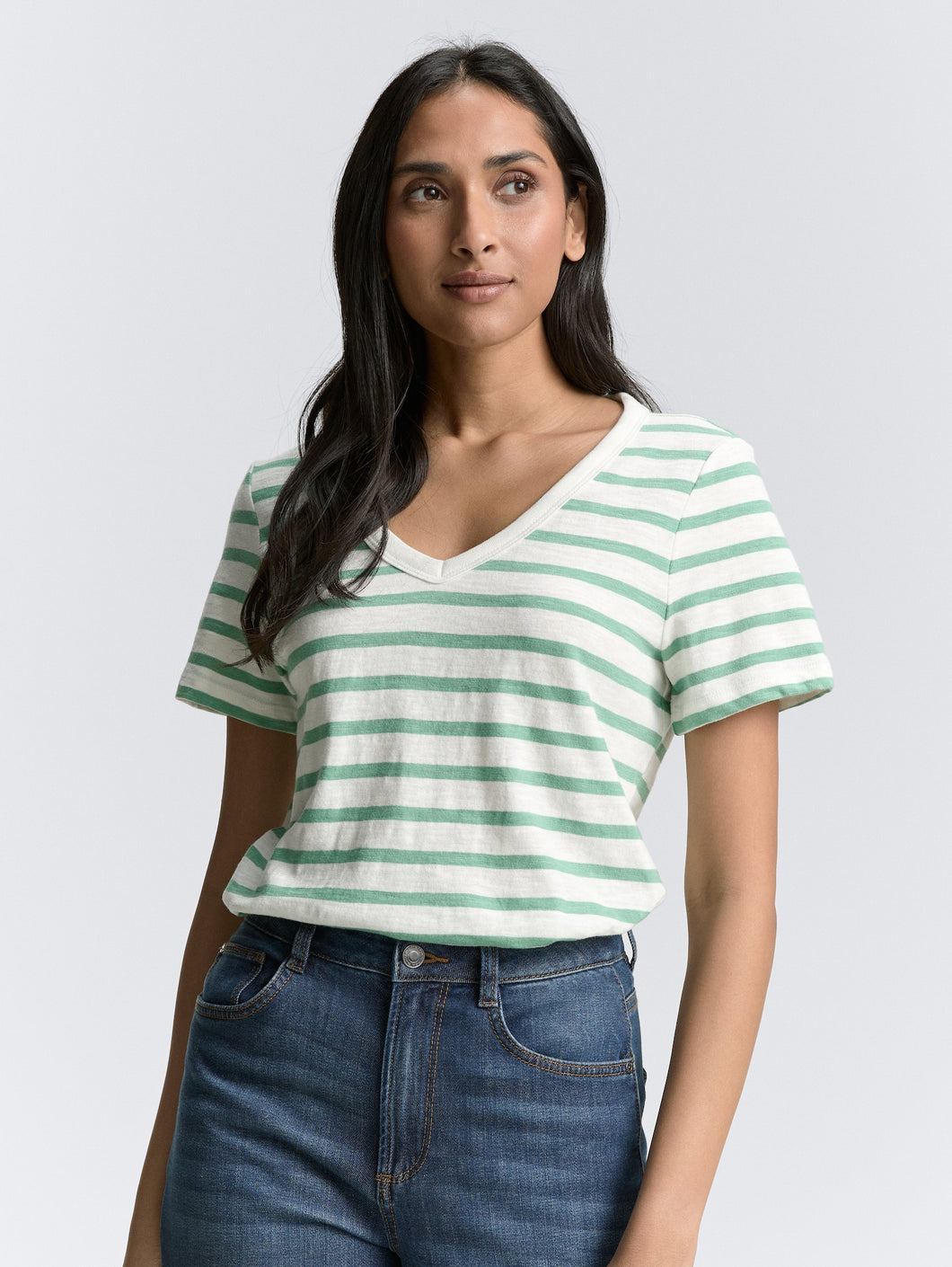 Tom Tailor V-Neck Striped Short Sleeve Cotton Tee in Off White/Navy or Off White/Green