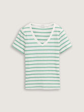 Load image into Gallery viewer, Tom Tailor V-Neck Striped Short Sleeve Cotton Tee in Off White/Navy or Off White/Green
