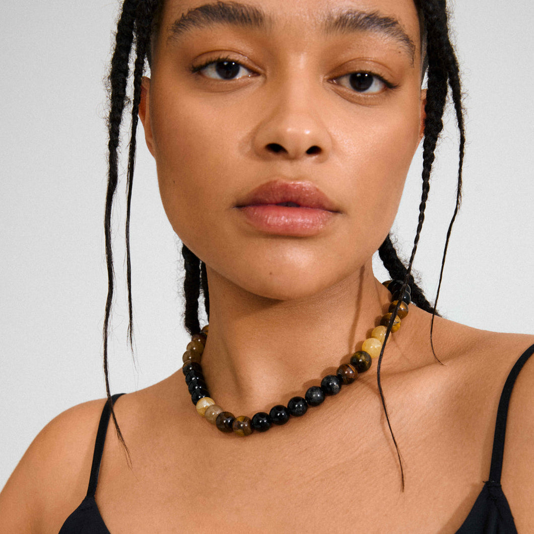 Pilgrim Unfold Semi-Precious Stones Tiger Eye Necklace - Brown & Gold Plated
