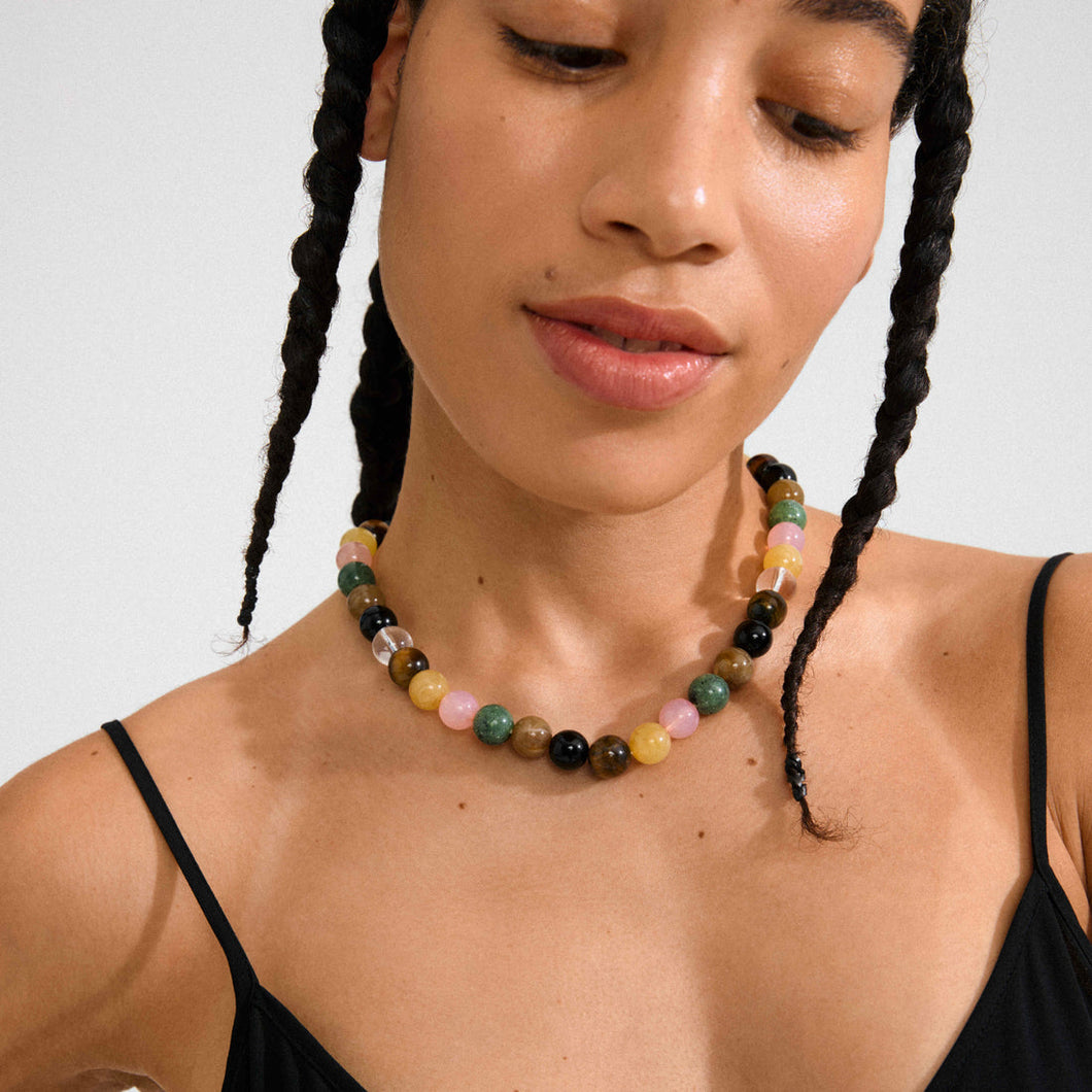 Pilgrim Unfold Semi-Precious Stones Tiger Eye Necklace - Multi-Colour & Silver Plated