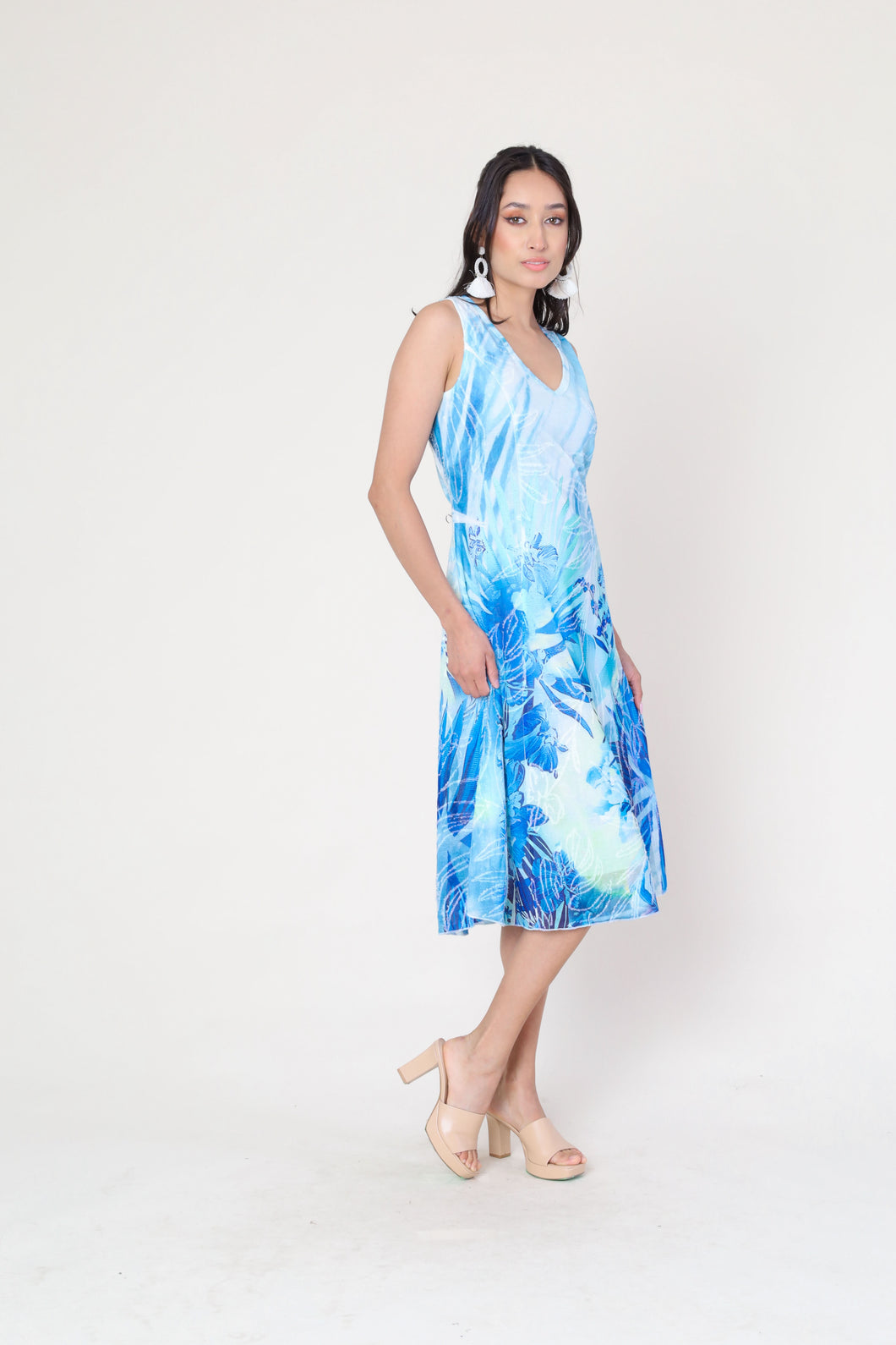 Cativa Venus V-Neck Sleeveless Blue Lagoon Print Dress