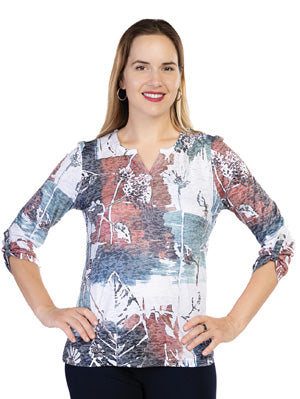 Variations Multi-Colour 3/4 Sleeve Henley Abstract Print Top