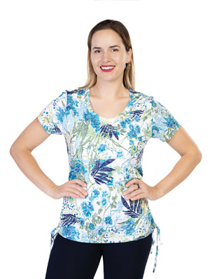 Variations Green Multi Print Round Neck Top With Ruched Sides & Side Ties