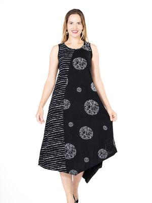 Variations Black Circle Print Sleeveless Dress with Kerchief Hem