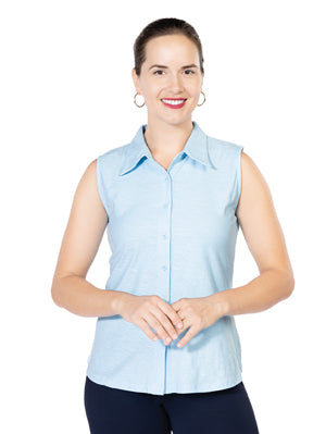 Variations Button Front Sleeveless Cotton Blouse with Collar in Light Blue or Fuchsia