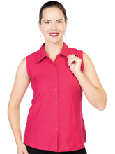 Load image into Gallery viewer, Variations Button Front Sleeveless Cotton Blouse with Collar in Light Blue or Fuchsia
