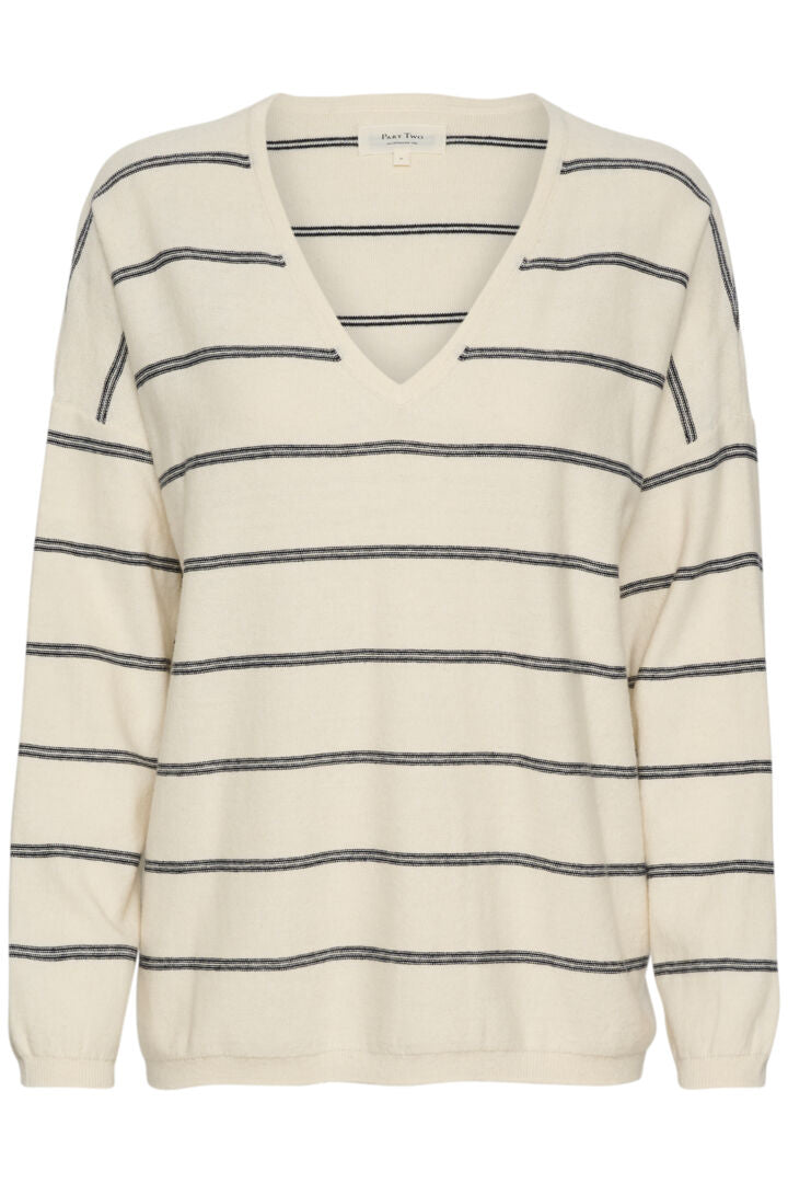 Part Two Iliane Long Sleeve V-Neck Cotton/Cashmere Dark Navy Stripe Sweater or Morning Glory (Pink)