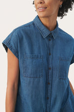 Load image into Gallery viewer, Part Two Ellena Medium Blue Denim Cap Sleeve Button Front Shirt Dress
